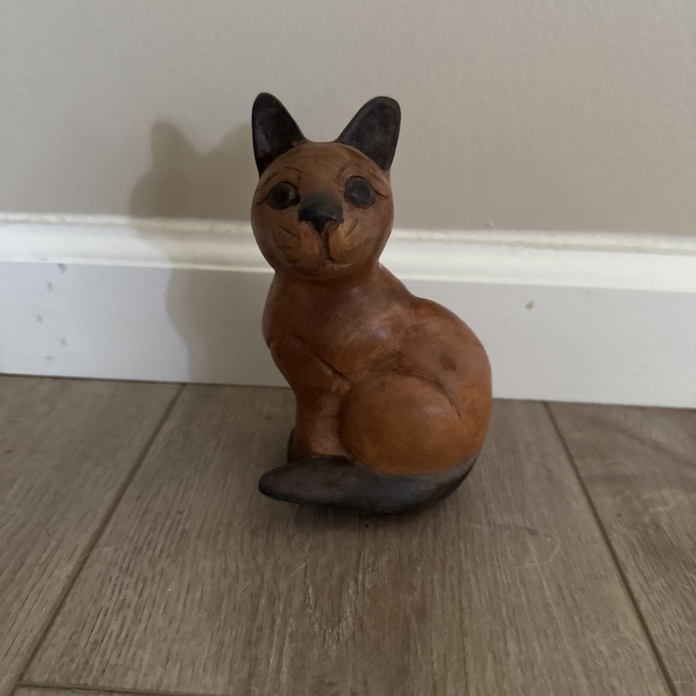Vintage MCM Wood Sitting Cat‎ Black Ears Tail Paws Green Eyes 6" Tall